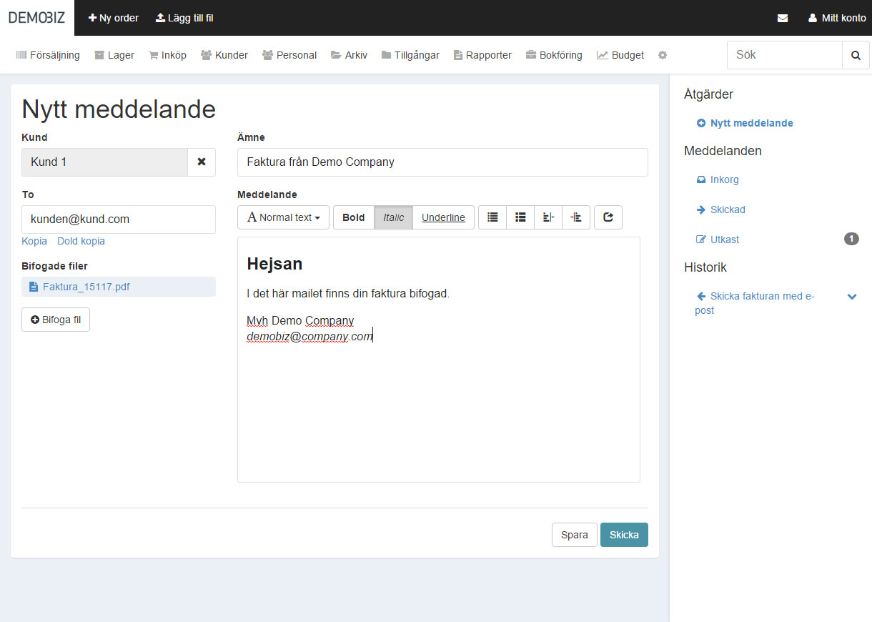 När du har skapat en faktura kan du du skicka den till en kundens-postadress direkt från Ediboards meddelandecenter.